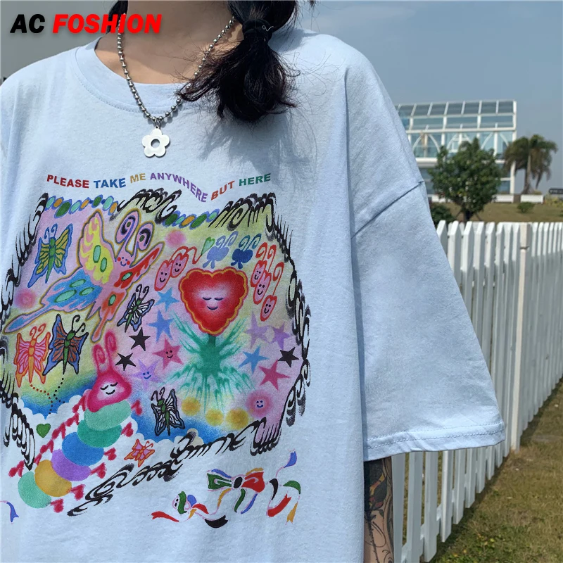 

Cute Cartoon Sweet Girls Streetwear Tops Harajuku Fun Pink Kawaii Casual Short Sleeve Ulzzang Vintage Loose Summer Women T-Shirt