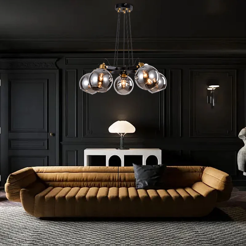 Продажа Люстра Ggбинго в скандинавском стиле, потолочная лампа для столовой, роскошные подвесные светильники из серого стекла, простые креативные с...