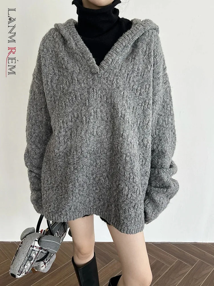 [LANMREM] Шерстяные вязаные пуловеры для женщин с капюшоном и длинными рукавами