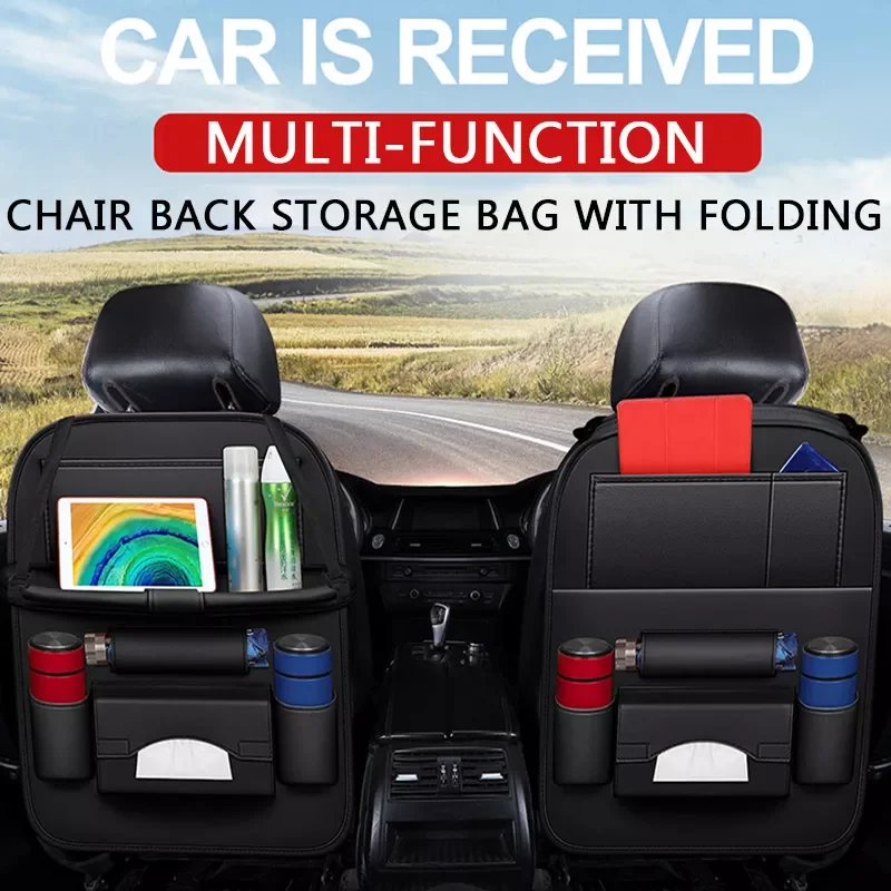 

Seat Back Organizer PU Leather Pad Bag Foldable Table Tray Travel Tablet Tissue Storage Box Stowing Tidying Auto Accessories