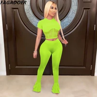 fagadoer sexy mesh patchwork crop top skinny flares pants tracksuits fall slim sport two piece sets female candy color outfits