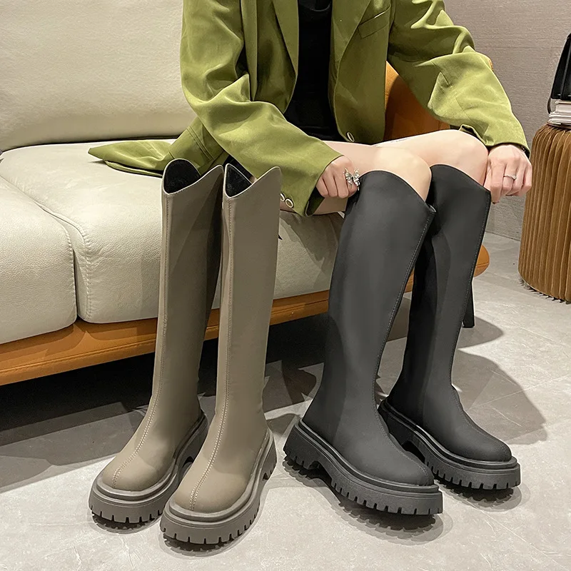 

Winter High Boots for Women Fashion Street Style Zippers Long Boots Female Elegant Platform Flats Women's Footwear Knee Boots