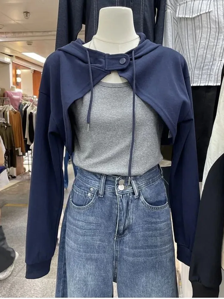 Женский укороченный топ с капюшоном и длинным рукавом Y2k