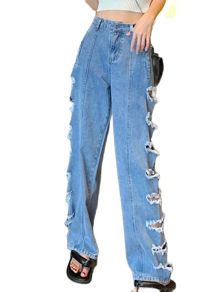 

Casual Jeans 2022 Summer New High Waist Hole Cool Loose Wide Leg Pants Denim Trousers Fashion Women'S Clothing