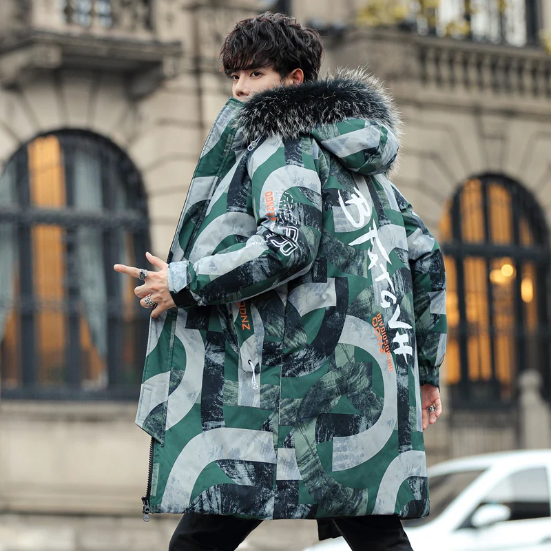 2022 New Mens Winter Mid-Length Cotton-Padded Jackets Outwear Casual Camouflage Parkas Hooded Long Coats Thick Warm Youth Tops