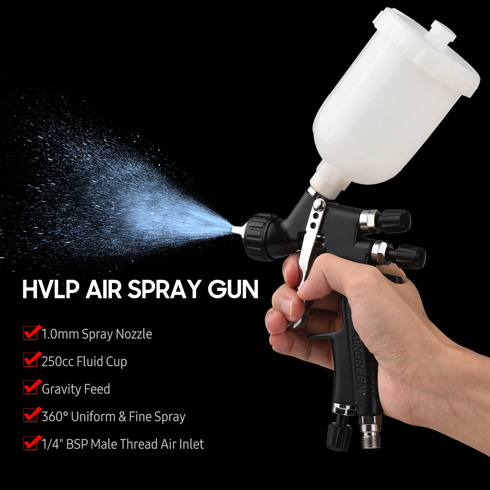 

HVLP 1.0mm Air Spray Gun Kit 250cc Fluid Cup Gravity Feed Air Paint Sprayer Mini Handheld 360-degree Paint Spraying Gun