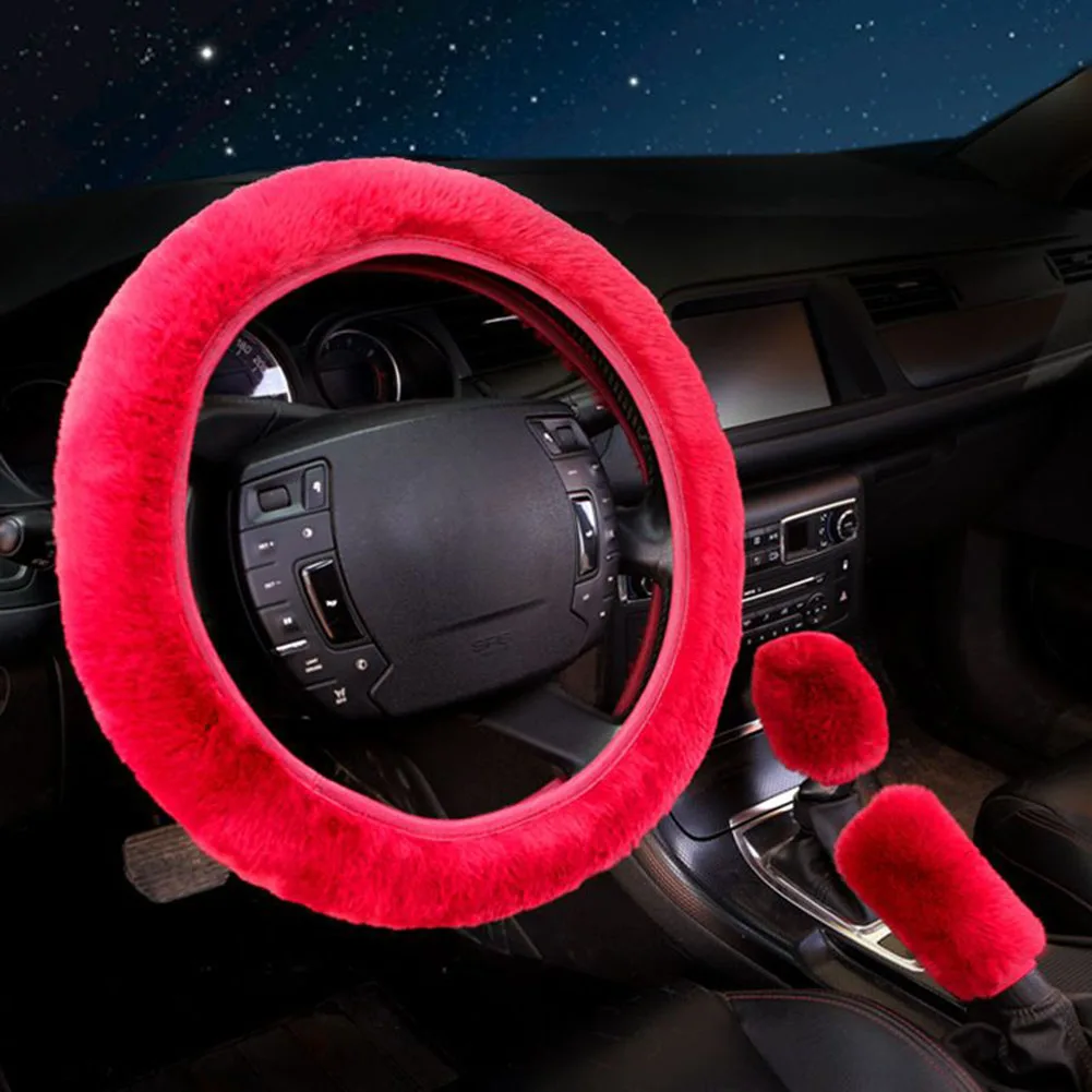 

3Pcs/Set Universal Plush Car Steering Wheel Covers Winter Faux Fur Hand Brake & Gear Cover Set Car Interior Accessories 38cm