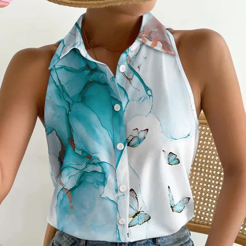 

Temperament Elegant Commuting Office Women Shirt Sleeveless Off the Shoulder Lapel Single Breasted Solid Printing Shirt Female