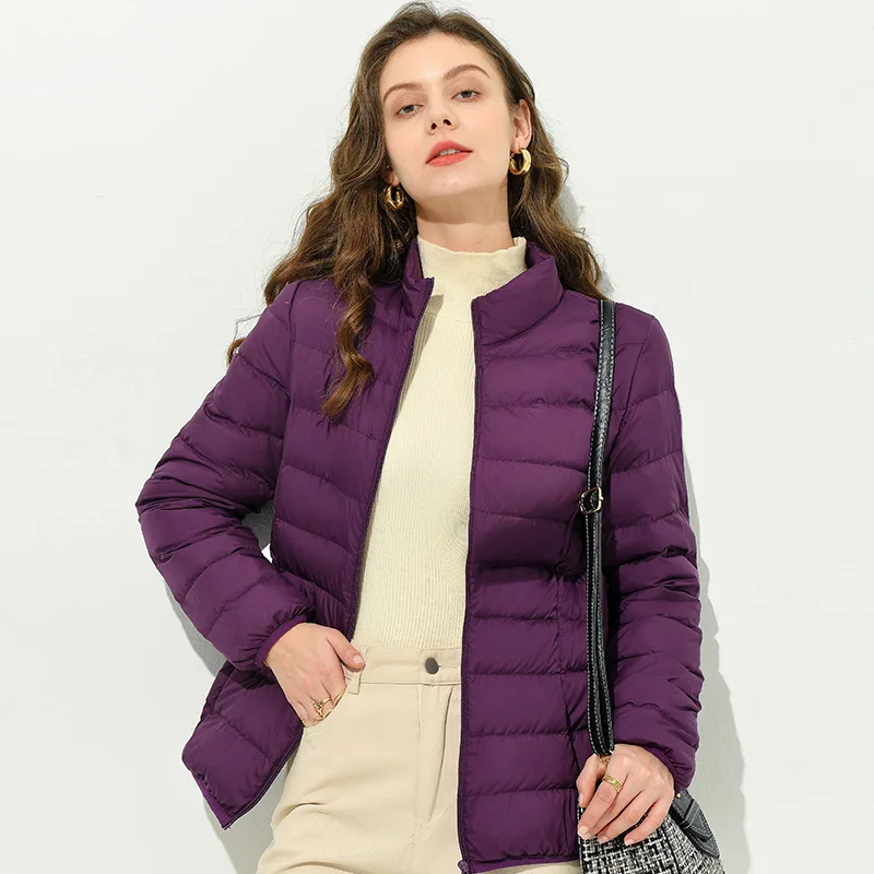 Spring Autumn Thin White Duck Down Coat Women Stand Collar Zipper Loose Casual Commute Down Coat Simple Solid Colors Warm Jacket