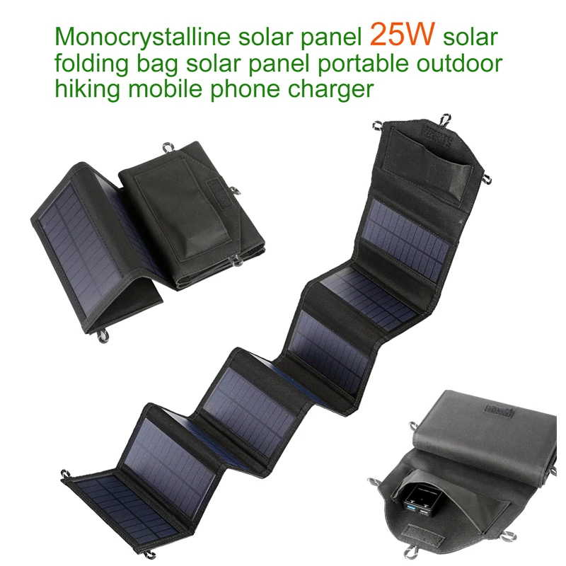 

8 Fold Monocrystalline Foldable Solar Panel 25W Portable Folding Bag 2 USB Output Outdoor Power Bank Hiking Mobile Phone Charger