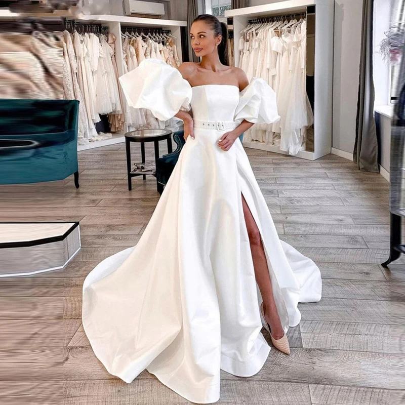 

Simple Satin A-Line Wedding Dresses Short Puff Sleeves Strapless Side Slit Sweep Train Bridal Gowns Women Robe de mariage