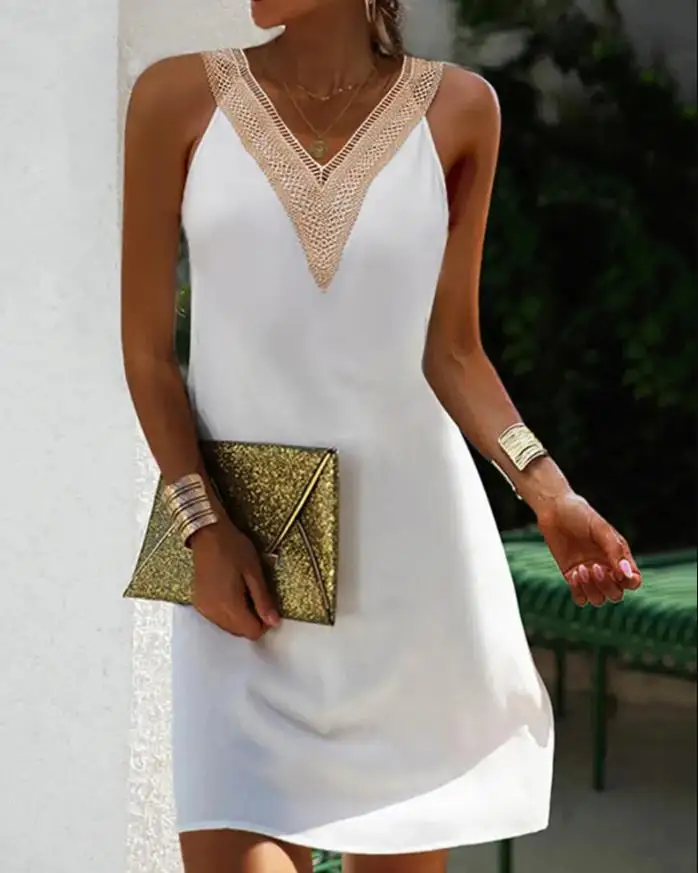 

2022 Summer Casual Dress Fashion Plain Lace Edge Sleeveless V-neck Vacation A-line Dresses for Women