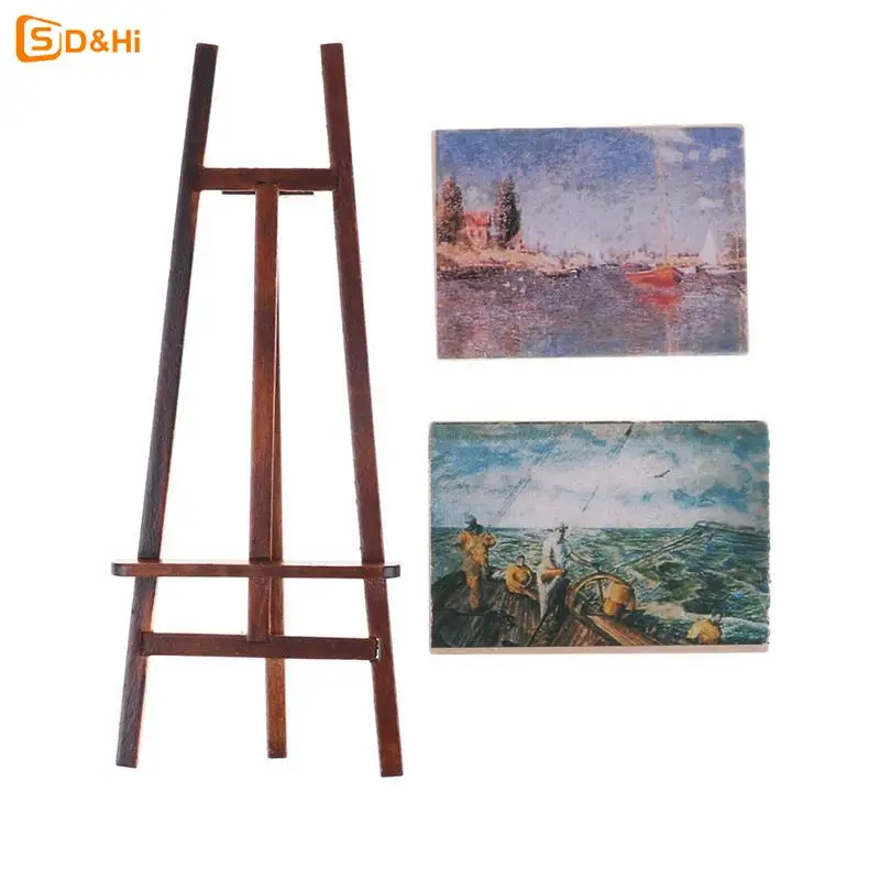 

1 Set Artist Easel Stand & 2 Wood Paintings Pictures Mini Artist Easel Wood Wedding Table Card Stand Doll House Display