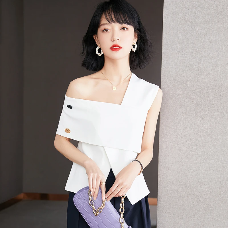

New Women Fashion Solid Color One Shoulder Pleated Shirt Blouses Women Irregular Hem White Roupas Femininas Chemise T-Shirt