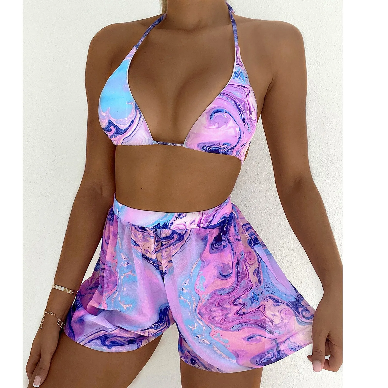 

Модный комплект бикини Tie Dye с накидкой, костюмы-тройки для женщин, купальник, купальник, сексуальный купальник с лямкой на шее, бикини, бикин...