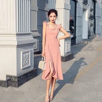 2021 womens summer new temperament mid length sexy split ruffled yellow fairy strap dress female sleevess solid color dresses