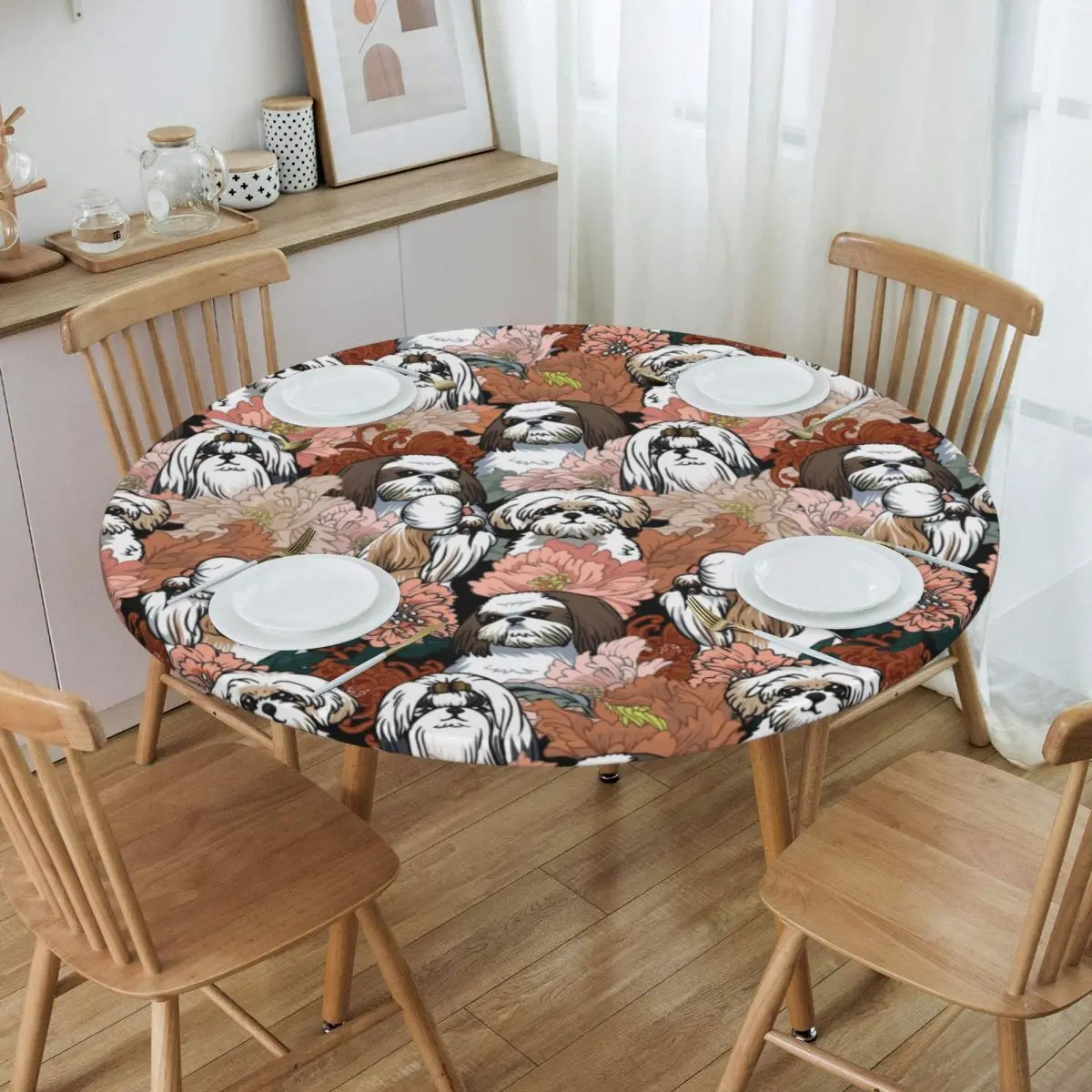 

Waterproof Oil-Proof Shih Tzu Dog Flowers Pattern Tablecloth Backed Elastic Edge Table Cover 45"-50" Fit Pet Animal Table Cloth