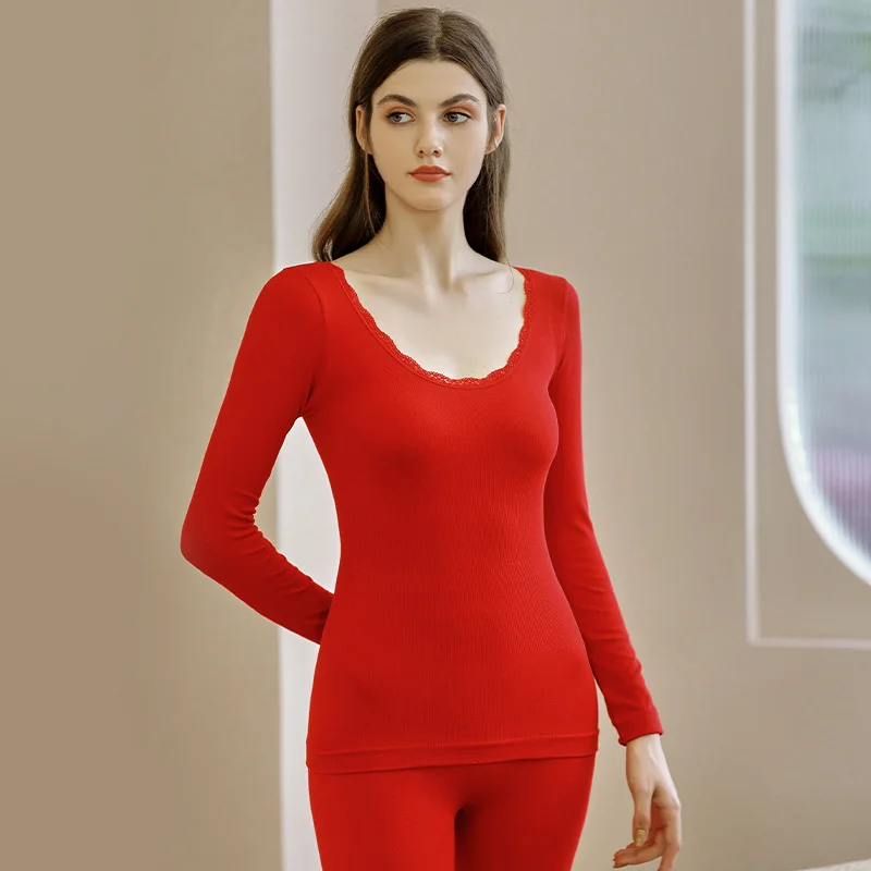 2Pcs Women Underwear Winter Long-sleeved Thermal Underwear Fashion Multicolor T-shirt Round Neck Slim Bottoming Ladies Shirt