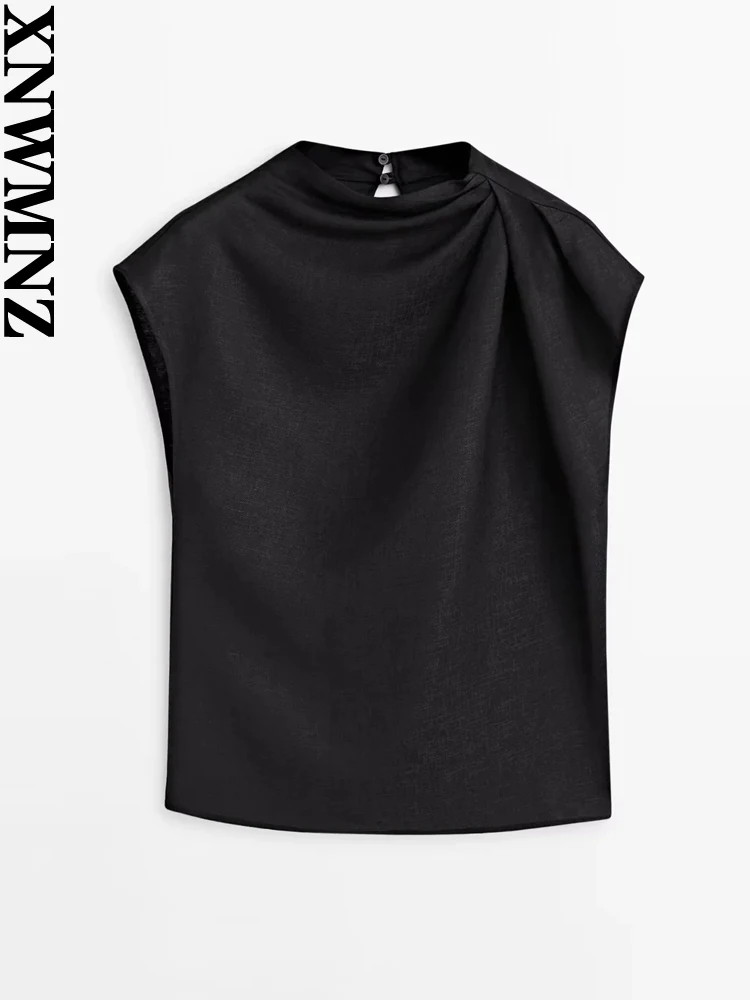 

XNWMNZ Women's Fashion 2023 Linen Blend Shoulder Pleated Black Blouse Women Vintage Simple Sleeveless Versatile Top Female Shirt