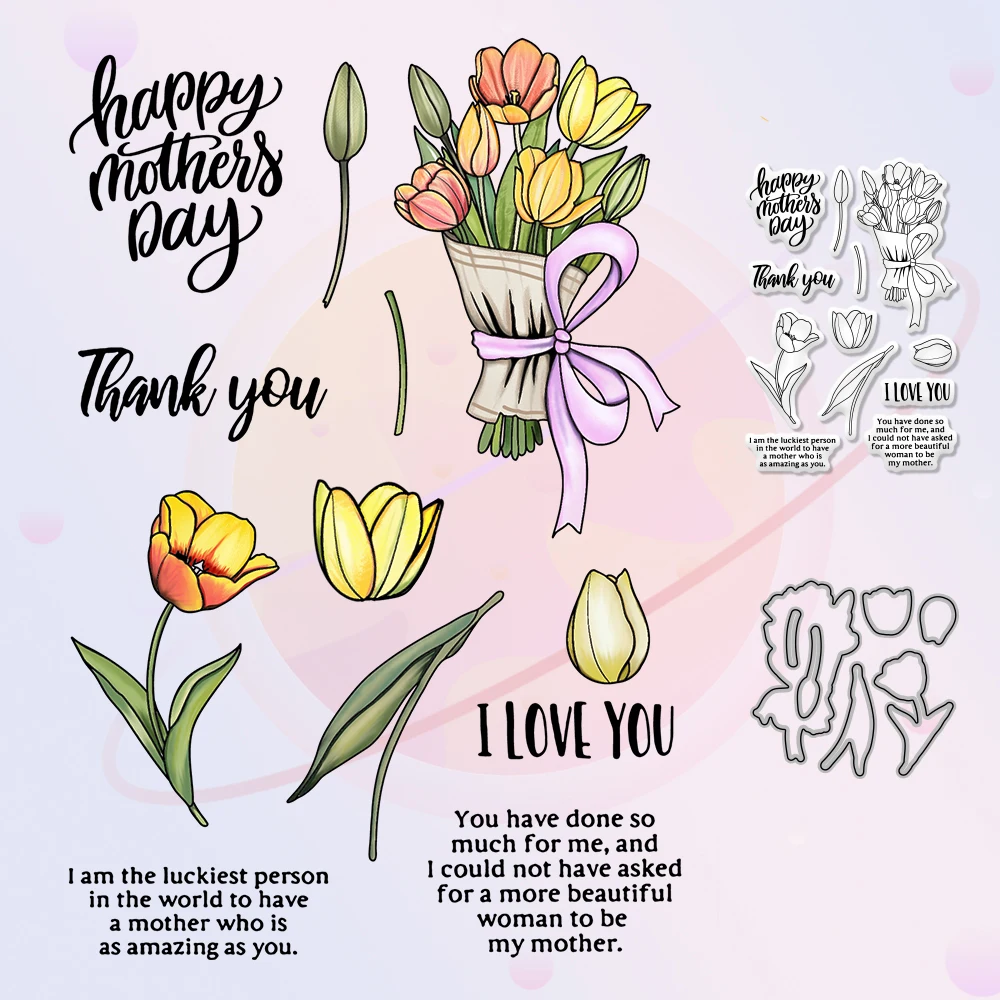 

Flowers Tulip Cutting Dies Clear Stamp Mother's Day Gifts DIY Scrapbooking Cut Dies Stamps For Paper Cards Making Stecil Decor