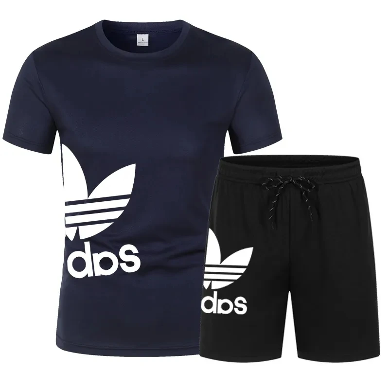 2023 New Men&;s Sportswear Summer Suit Men&;s Fitness Suit Sports Suit Short sleeved T shirt + Shorts Quick drying 2 piece Print