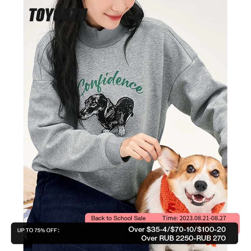 

Toyouth Women Sweatshirt 2022 Winter Long Sleeve Half Turtleneck Loose Hoodie Dog Letter Print Warm Casual Streetwear Pullover