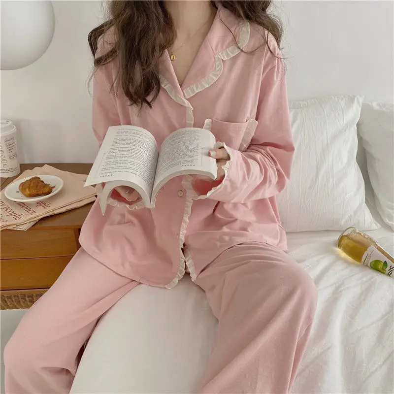 Pajama Sets Women Lace Ins Unisex Sleepwear Korean Feminino Nightwear Lounge Basic Cozy Casual Fit Lovely Girls Simple Maiden