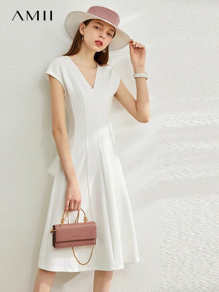 

Amii Minimalism Spring Summer Causal Women's Dress Fashion Solid V neck loose loong Female Elegant Summer Dress Clothes 12240609