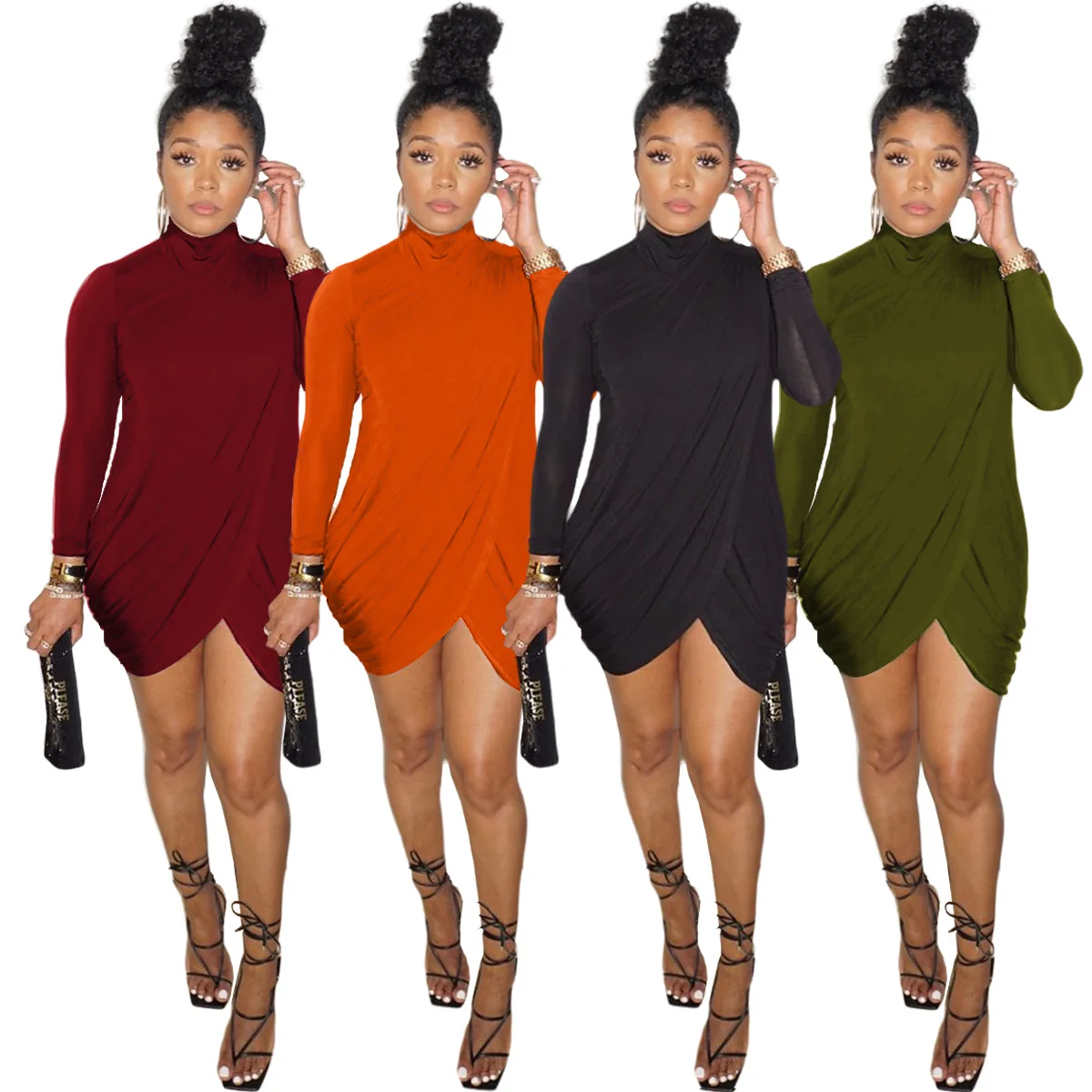 

Sexy Fashion Solid Color High Neckline Pleated Cross-cut Women's Dress