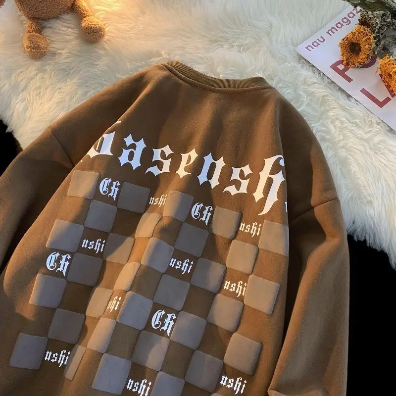 

American High Street Square Plaid Hooded Round Neck Sweater Men and Women Oversize Loose Casual Couple Autumn/Winter Coat Top