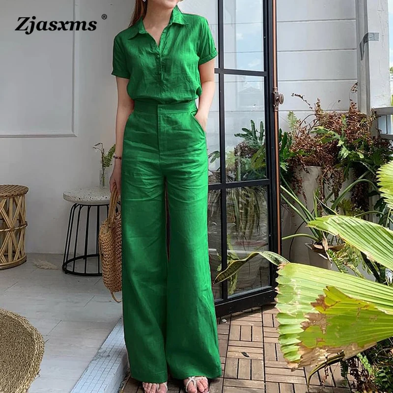 

Женский офисный костюм с коротким рукавом, элегантный повседневный офисный костюм из рубашки на пуговицах с отворотом и широких брюк, модный однотонный комплект из двух предметов, лето