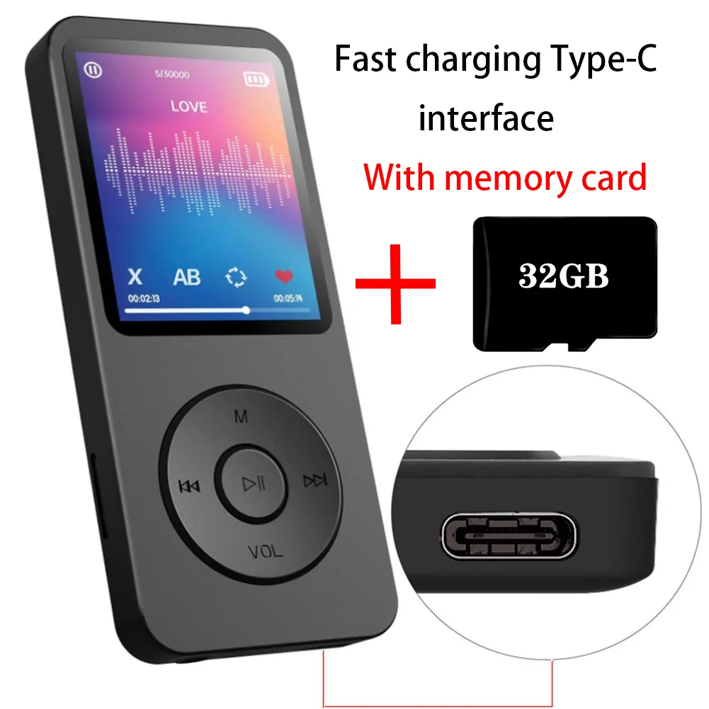 Fast Charging Type-C Interface MP3 Player 5.4 Bluetooth Version with 32GB Storage Card Music FM Recording E-book