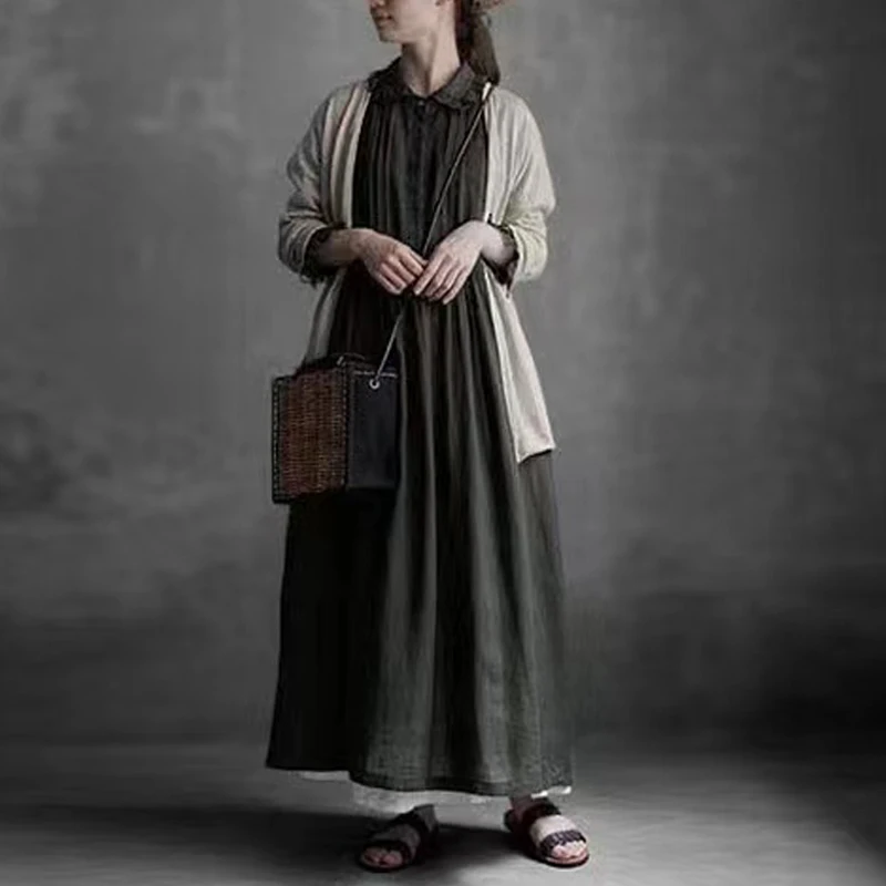 Женское льняное платье с вышивкой Johnature свободное винтажное отложным воротником