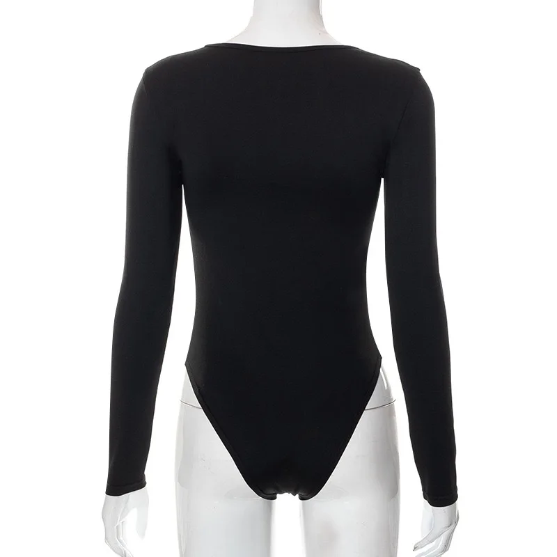 COCOTHIA Deep V Neck Hollow Out Bodysuit Bandage Slim Fit Black Bottom Long Sleeve Jumpsuit Urban Leisure Rompers Streetwear