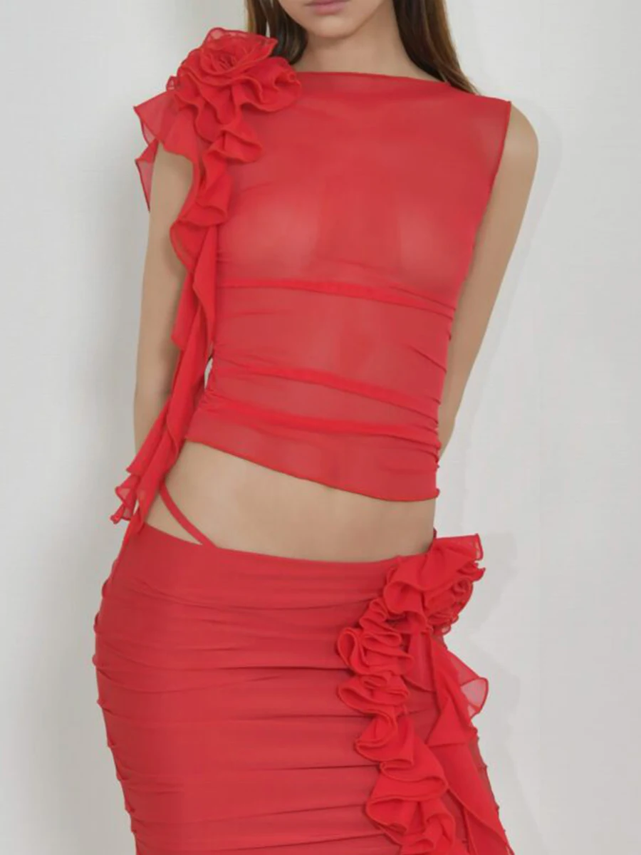 

Women Mesh See-Through 3D Flower Ruffles Tank Top Summer Solid Color Crew Neck Sleeveless Crop Tops Slim Fit Vest Cami Tops Y2K