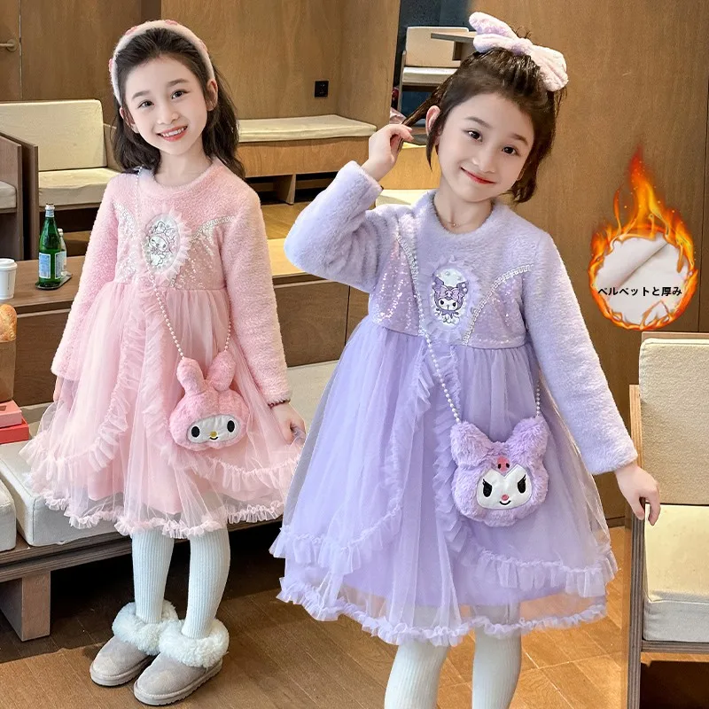 Бархатное платье из норки с героями мультфильмов для девочек новинка 2024