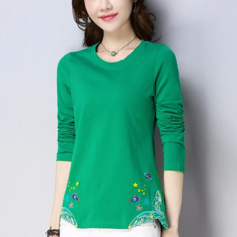 

2022 осенне-зимняя новая хлопковая Футболка с круглым вырезом и длинными рукавами, женские топы с вышивкой, однотонная Повседневная Базовая р...