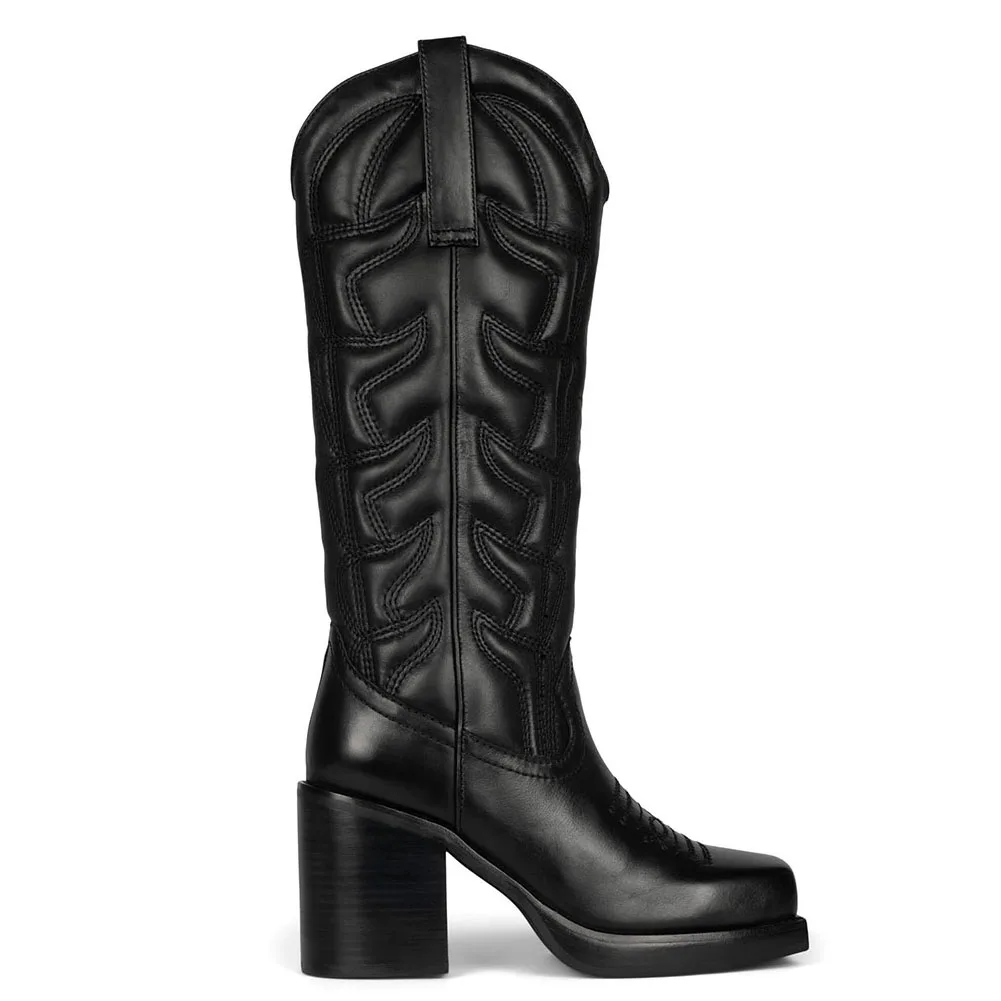 

Женские удобные сапоги до колена Gnazhee, черные удобные сапоги на платформе и квадратном высоком каблуке, обувь для верховой езды в западном с...