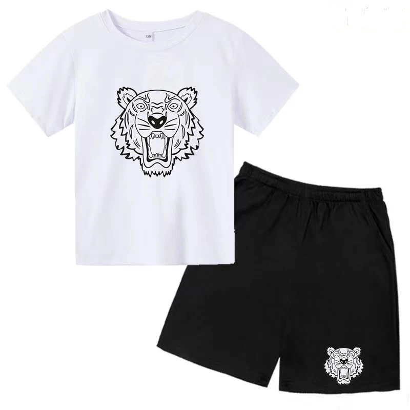Kids Tiger Striped Summer Casual T-shirt 3-14 Years Old Boys Girls Baby Popular Street Clothing Short Sleeve Top + Shorts Suit