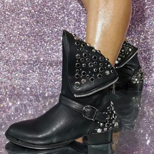

Size 47 Western Cowboy Black Leather Round Toe Rivet Fold Ankle Boots Girls Low Heels Buckle Strap Zipper Back Short Booties
