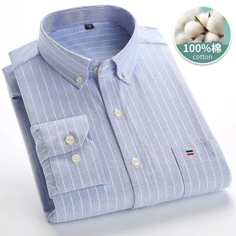 Four Seasons New Men's Shirt 100% Cotton Plaid Solid Color Comfortable Oxford Spinning Long Sleeve Casual Business Slim Shirt