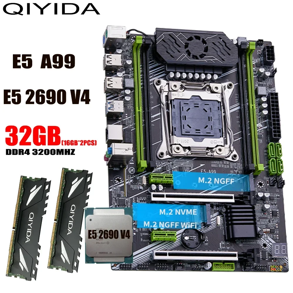 QIYIDA X99 Набор материнских плат LGA 2011-3 Xeon E5 2690 V4 Процессор 4 канала DDR4 2*16G = 32 ГБ ОЗУ