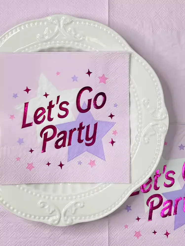 Салфетки с цветным принтом 3 слоя розовые и фиолетовые горячее тиснение