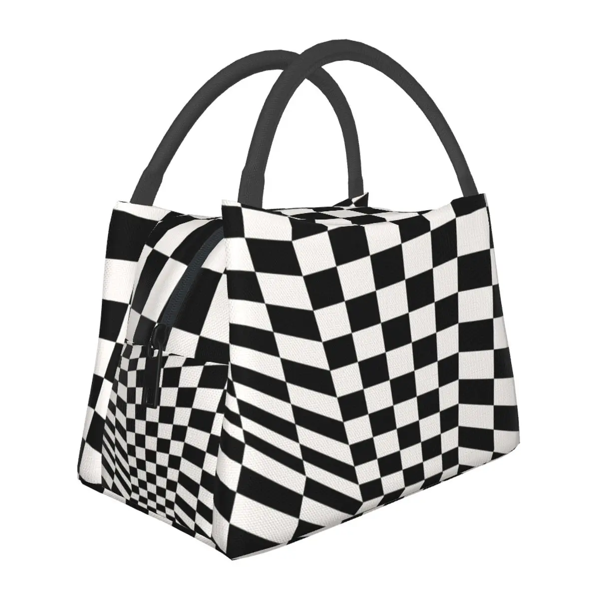 

Retro Mod Lunch Bag Black And White Check Portable Lunch Box Unisex Office Print Cooler Bag Fun Oxford Tote Food Bags