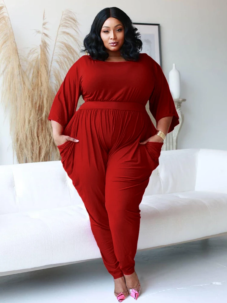 

Plus Size Jumpsuits for Women 3/4 Sleeve O Neck High Waist Pencil Long Rompers Casual Party Wear Overalls One Piece Outfits 5XL