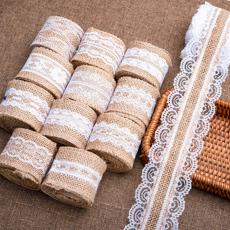 

1Meter Burlap Ribbon with White Lace Trims Tape Natural Jute Lace Ribbon Lace Burlap Ribbon Rustic Wedding Bow DIY Craft Decor