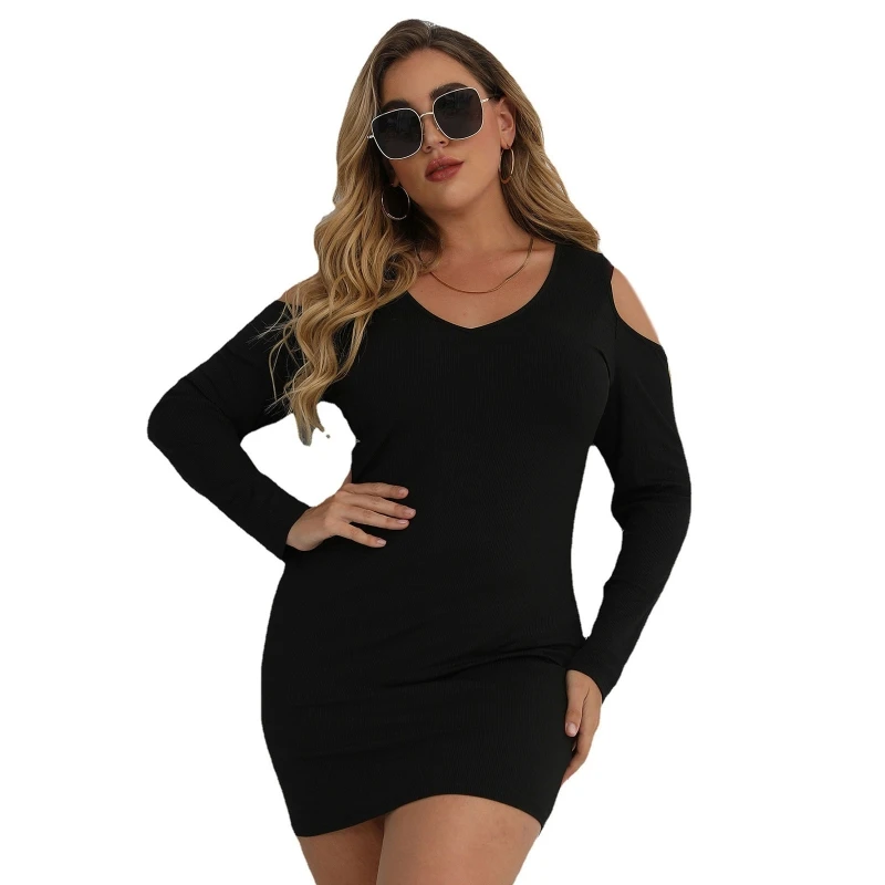 

Stylish Plus Size Women Bodycon Mini Dress Sexy Solid Long Sleeve V Neck Summer