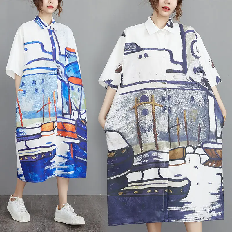 

Trendy Abstract Print Clothing Women's High-End Retro Loose Casual Mid-Length Shirt Dress Single Breasted Female Robes h1803