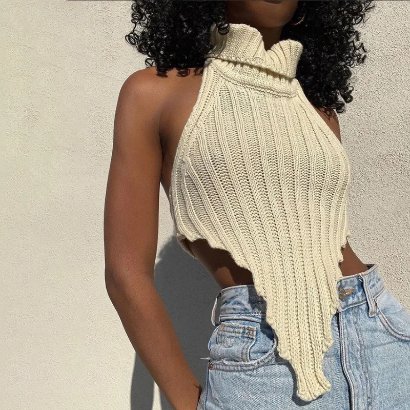 

Women Spring Summer New Vest 2022 Women's Street Shooting Fashion Solid Color High-neck Irregular Top With A Slim Knitted Vest