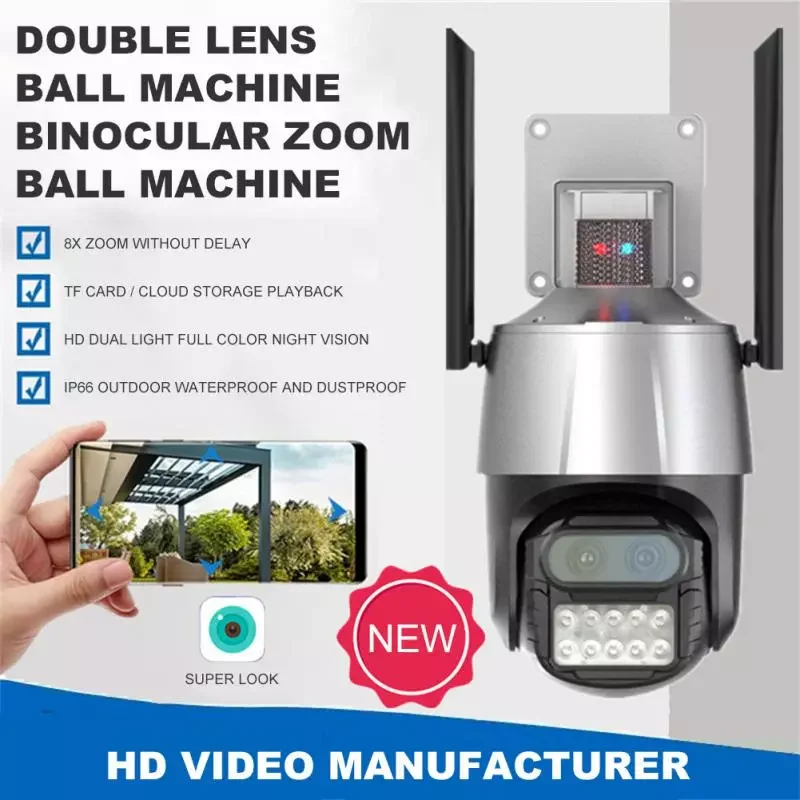

NEW2023 8X Zoom WiFi Camera Dual Lens Red And Blue Double Flashing Alarm Lights Outdoor Wireless Surveillance Camera HD Zoom Mon